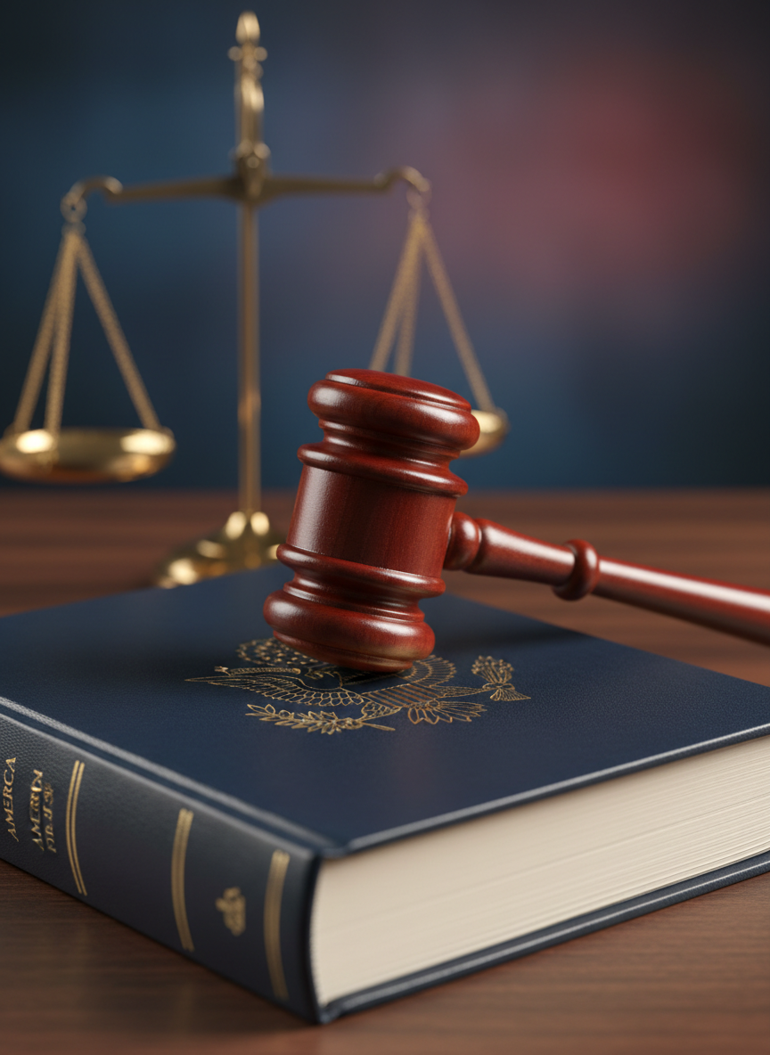 A polished mahogany judge’s gavel resting on a thick, navy-blue leather-bound book embossed with a subtle gold American eagle on the cover, symbolizing law and national sovereignty. The gavel is centered on a smooth, dark wood desk with a small, detailed brass scale of justice slightly out of focus behind it. Soft, directional studio lighting from the right creates crisp highlights on the gavel’s curved head and gentle shadows along the book’s textured spine. The background fades into a dignified blur of deep blue and muted red tones. Shot at eye level with a shallow depth of field for a photographic realism that feels professional, authoritative, and firmly “America First.”
