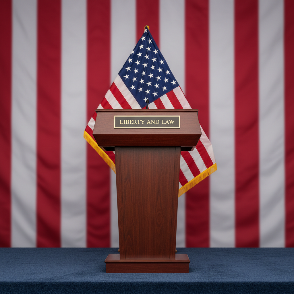 A meticulously folded, high-quality American flag displayed behind a gleaming, empty podium carved from dark walnut, with a small, engraved brass plaque reading “Liberty and Law” on its front. The podium stands on a slightly elevated stage with deep blue carpeting and a backdrop of vertical red and white stripes in soft focus. Clean, balanced studio lighting illuminates the podium’s rich wood grain and the embroidered stars on the flag, casting subtle shadows for depth. Photographed from a slightly low angle with centered composition, the image exudes strength, professionalism, and a bold constitutional, America First ethos in crisp photographic realism.
